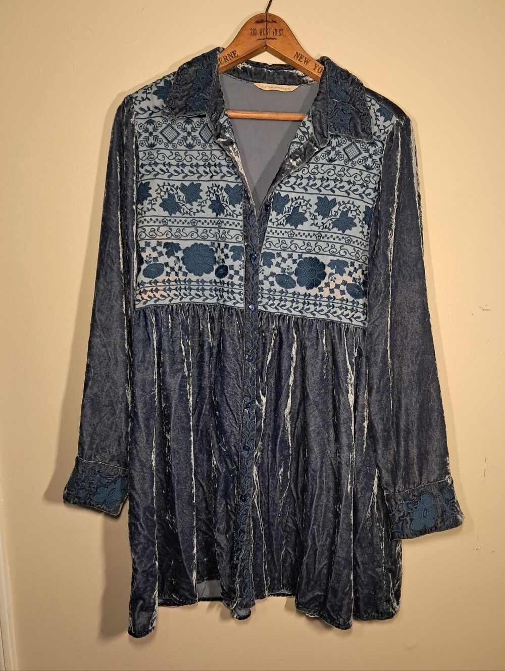 Soft Surroundings Blue Crushed Velvet Embroidered Button-Front Boho Tunic